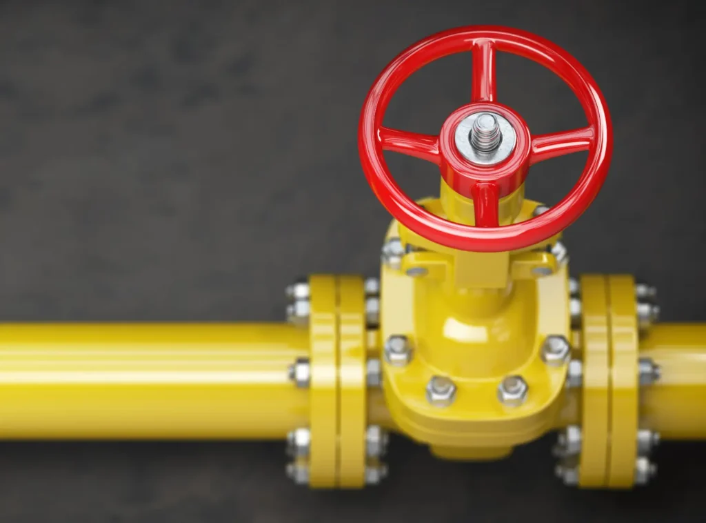 Gelbe Gasleitung mit Handventil zur Brennstoffversorgung eines Gasstromerzeugers zum Mieten
